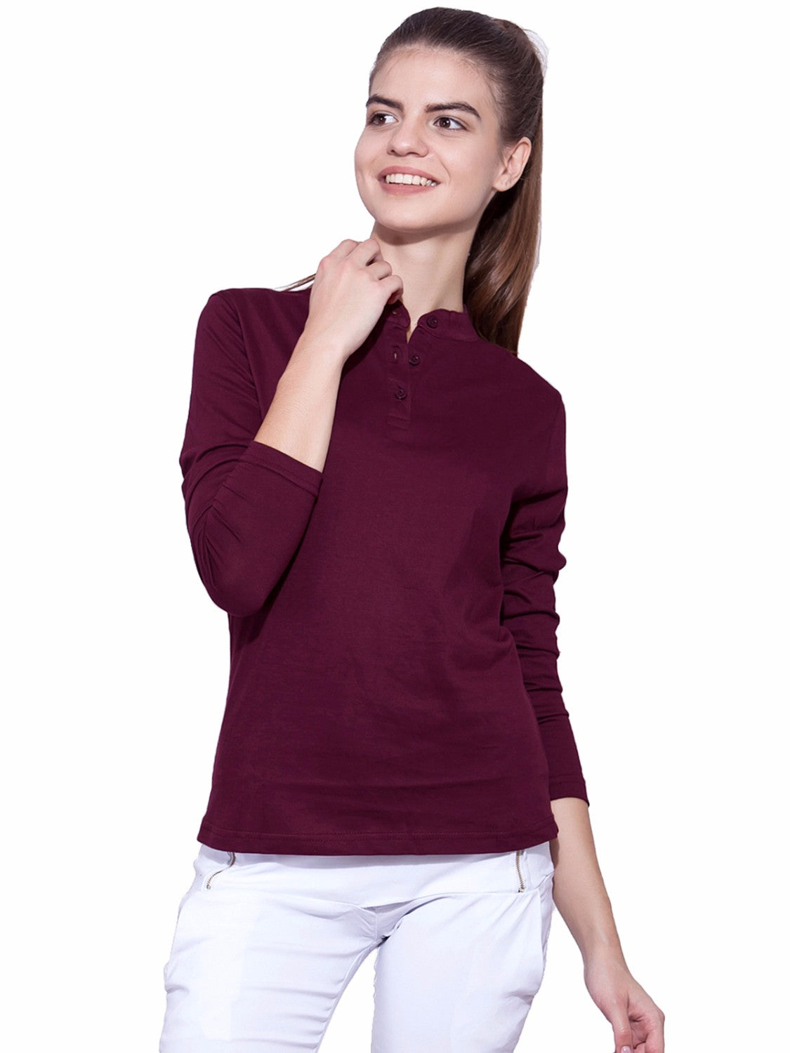 Ap'pulse Women's Long Sleeve Mandarin Polo Tshirt - Main Image