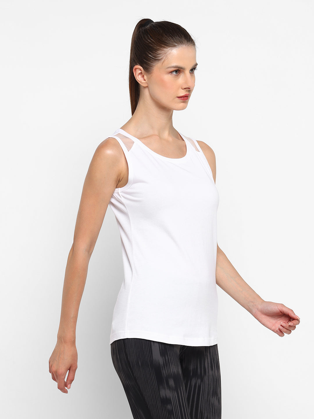 Ap'pulse Women's Short Sleeve Round Neck Shoulder Mesh Tshirt