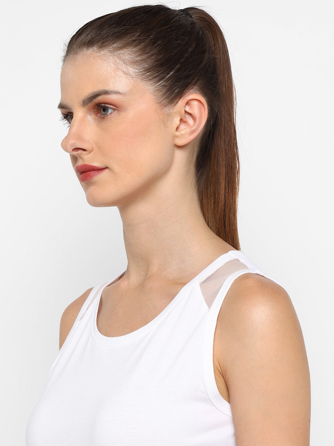 Ap'pulse Women's Short Sleeve Round Neck Shoulder Mesh Tshirt