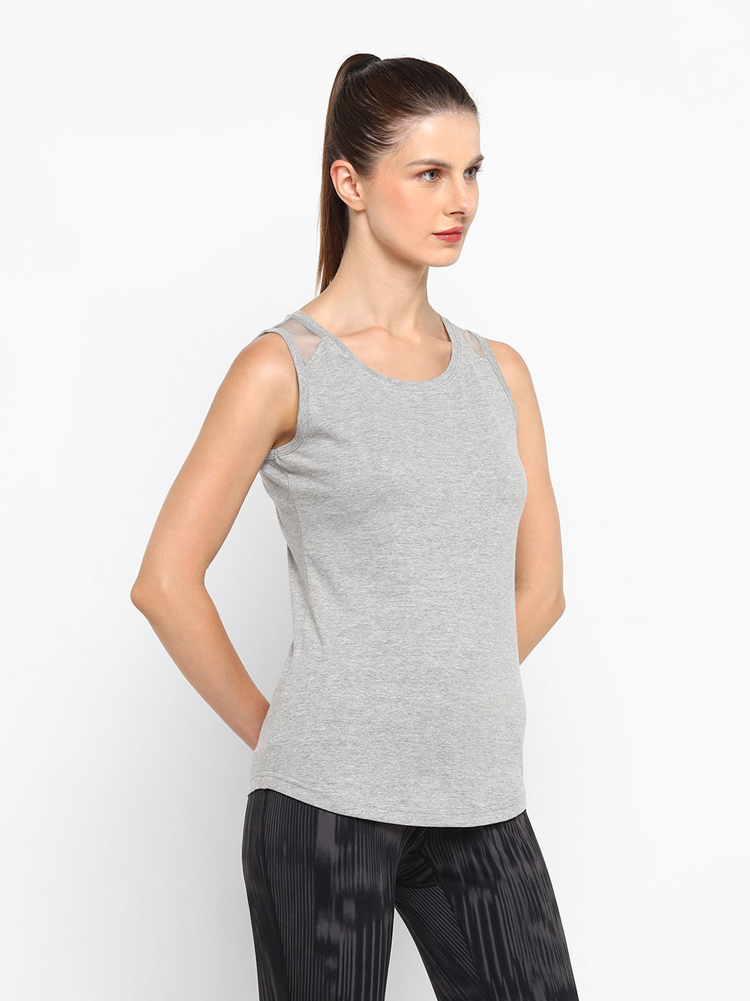 Ap'pulse Women's Short Sleeve Round Neck Shoulder Mesh Tshirt