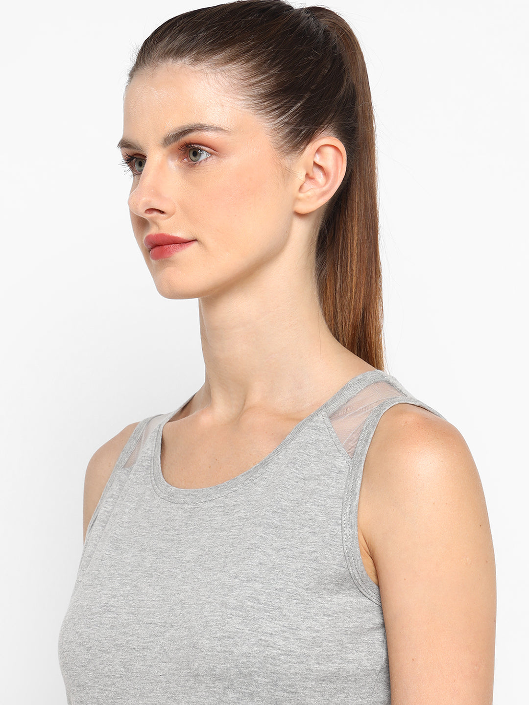 Ap'pulse Women's Short Sleeve Round Neck Shoulder Mesh Tshirt