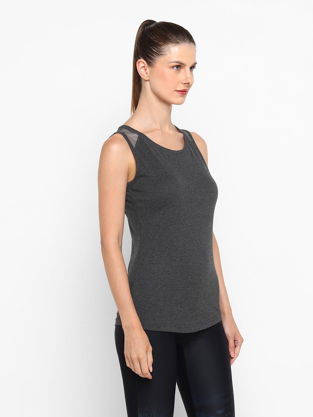 Ap'pulse Women's Short Sleeve Round Neck Shoulder Mesh Tshirt