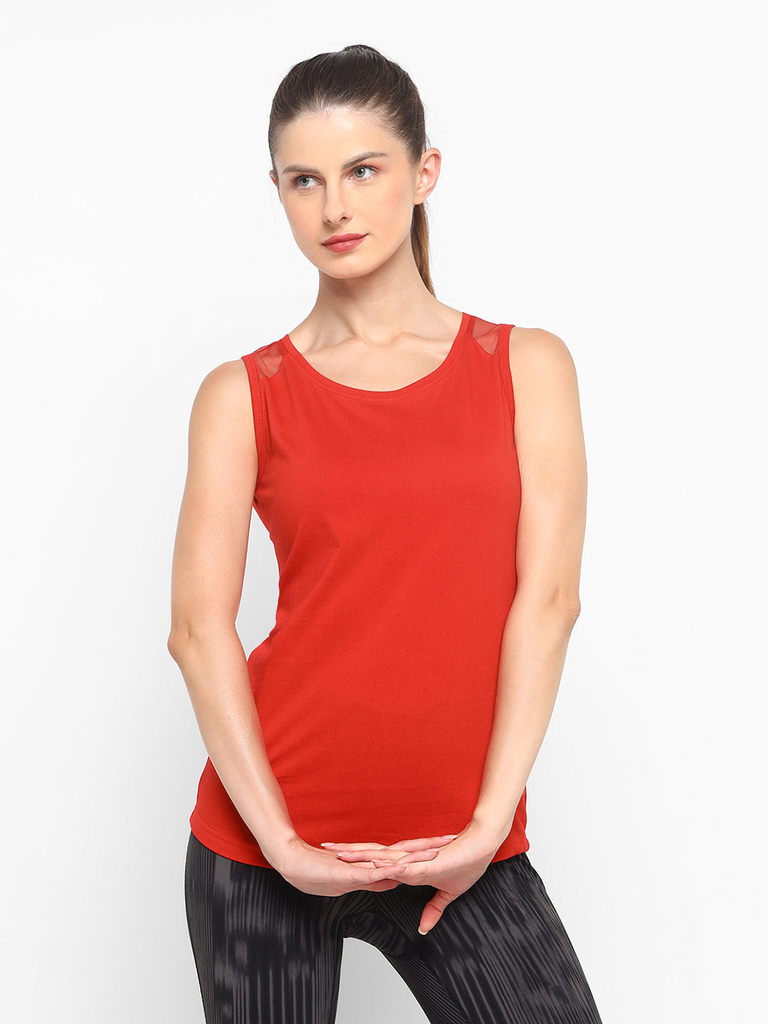 Ap'pulse Women's Short Sleeve Round Neck Shoulder Mesh Tshirt