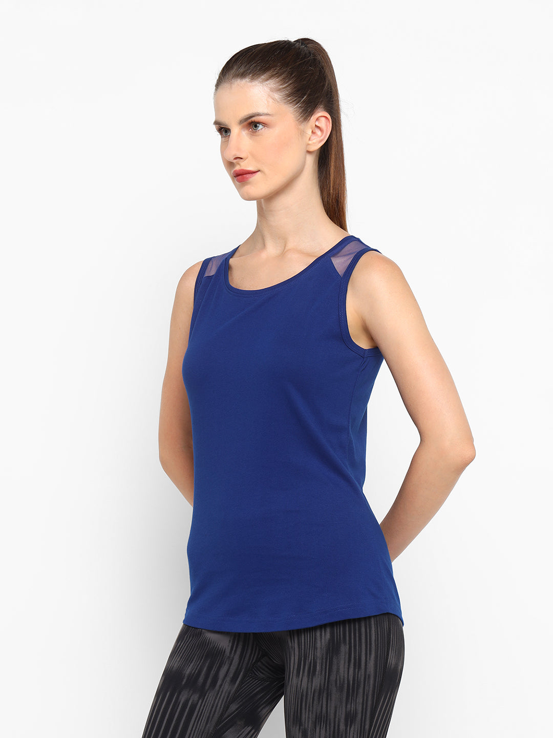 Ap'pulse Women's Short Sleeve Round Neck Shoulder Mesh Tshirt