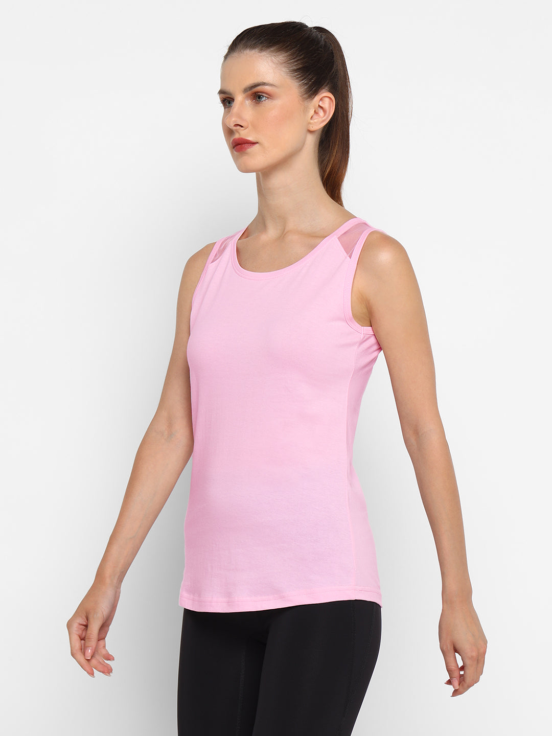 Ap'pulse Women's Short Sleeve Round Neck Shoulder Mesh Tshirt
