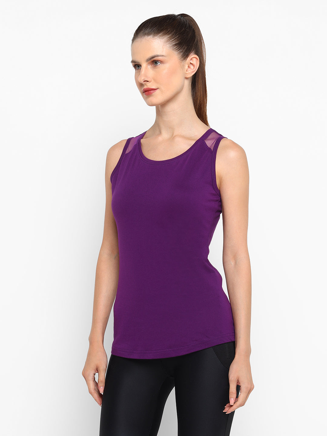 Ap'pulse Women's Short Sleeve Round Neck Shoulder Mesh Tshirt