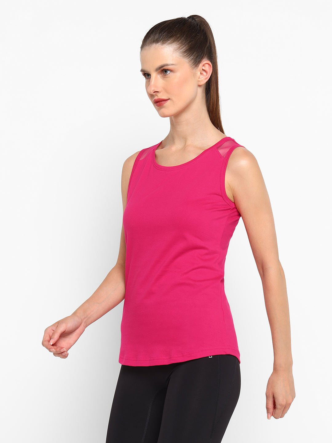 Ap'pulse Women's Short Sleeve Round Neck Shoulder Mesh Tshirt