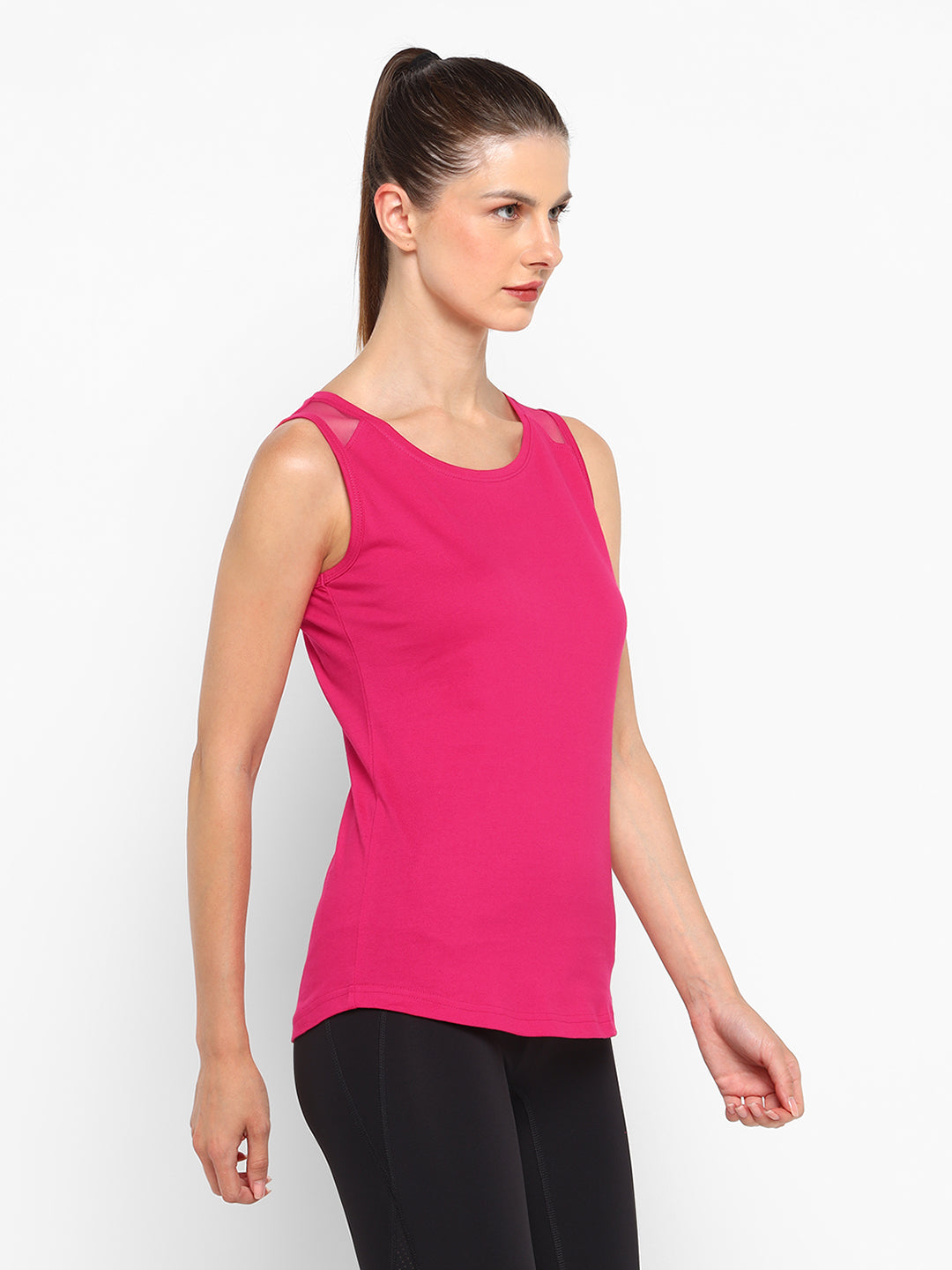 Ap'pulse Women's Short Sleeve Round Neck Shoulder Mesh Tshirt