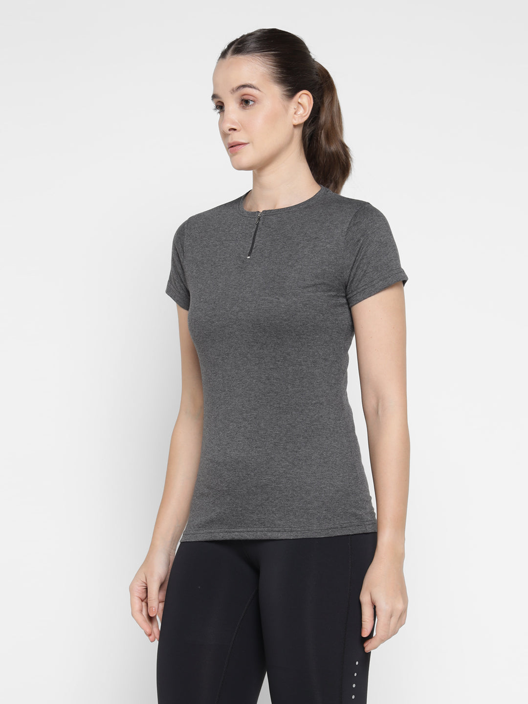 Ap'pulse Women's Short Sleeve Round Neck Zipper Tshirt