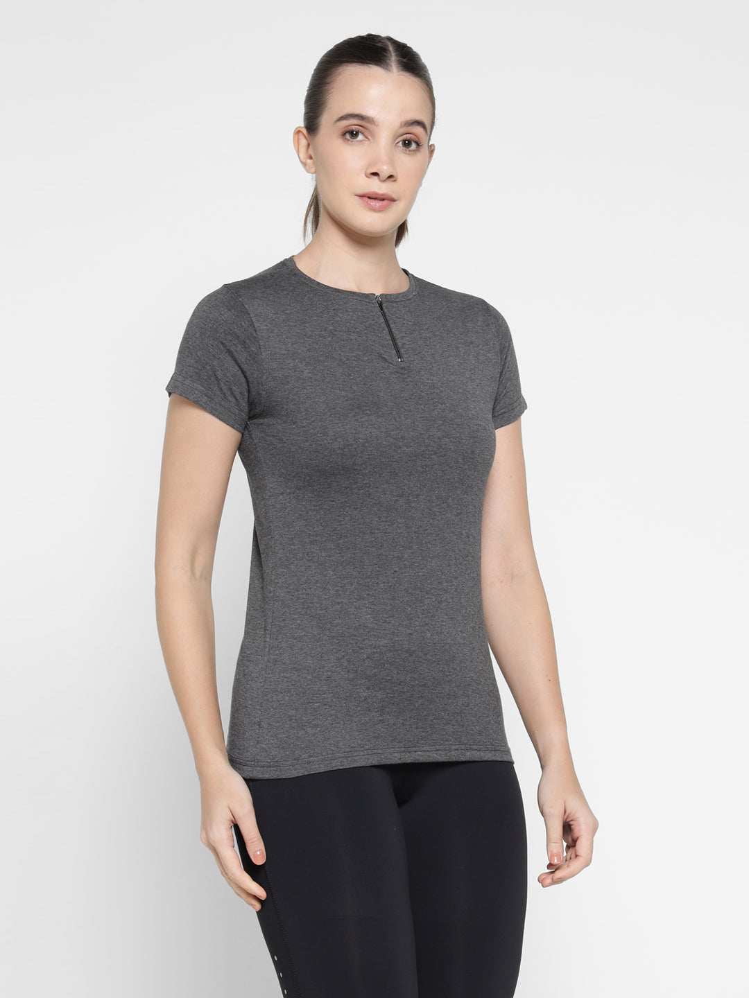 Ap'pulse Women's Short Sleeve Round Neck Zipper Tshirt