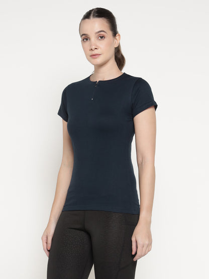 Appulse Women's Short Sleeve Round Neck Zipper T-Shirt | Women | Premium Cotton | Activewear | Athleisure