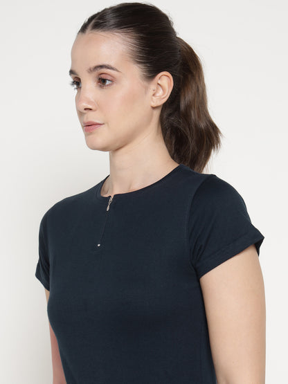 Appulse Women's Short Sleeve Round Neck Zipper T-Shirt | Women | Premium Cotton | Activewear | Athleisure
