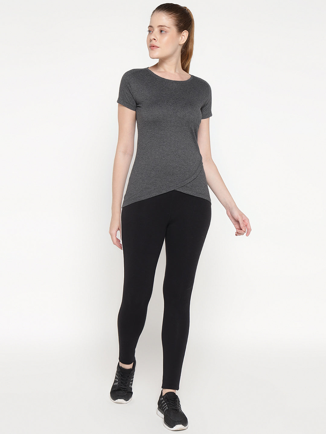 Ap'pulse Women's Short Sleeve Round Neck Bottom Cross Over Tshirt