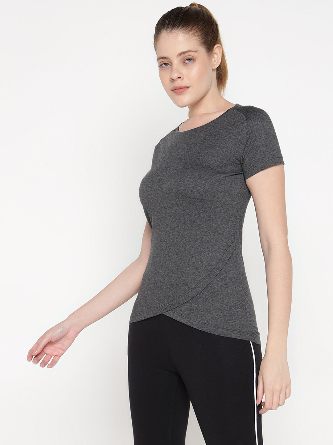 Ap'pulse Women's Short Sleeve Round Neck Bottom Cross Over Tshirt