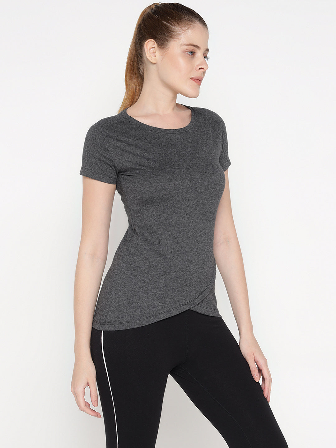 Ap'pulse Women's Short Sleeve Round Neck Bottom Cross Over Tshirt