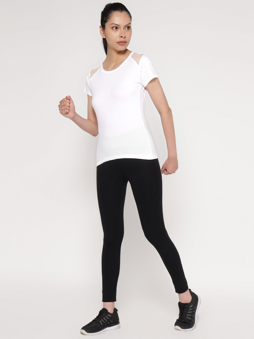 Ap'pulse Women's Short Sleeve Round Neck Shoulder Mesh Tshirt