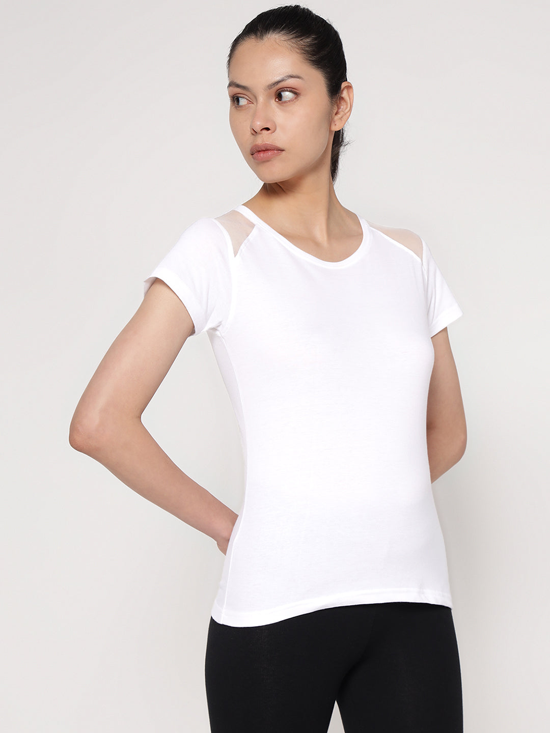 Ap'pulse Women's Short Sleeve Round Neck Shoulder Mesh Tshirt
