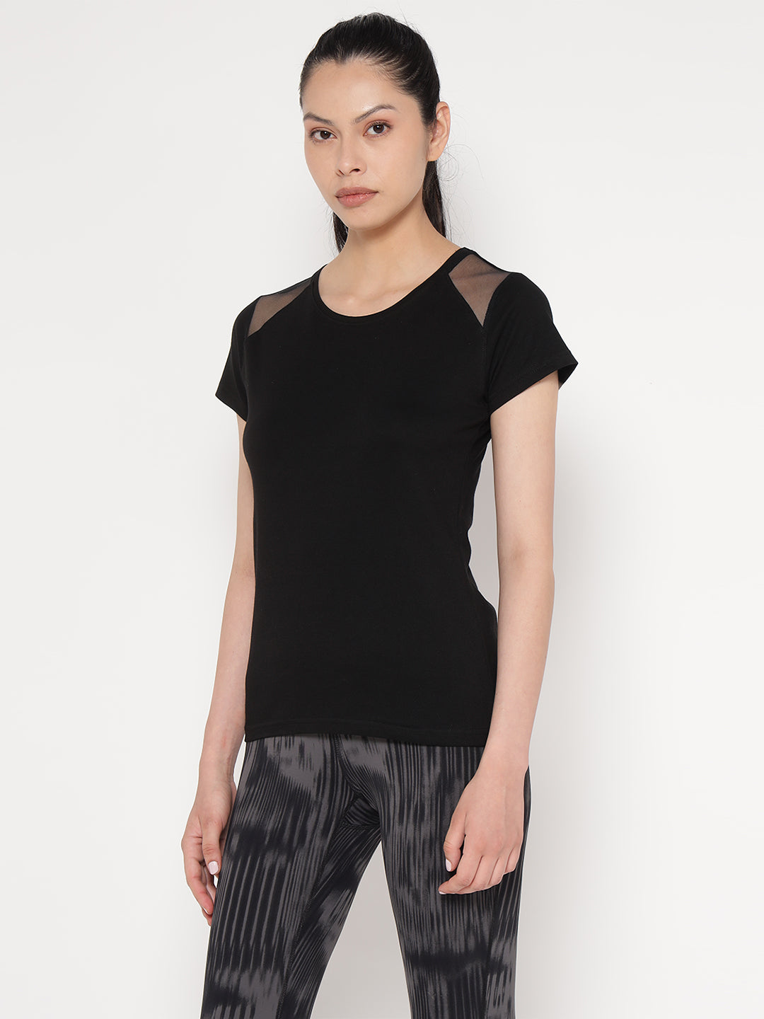 Ap'pulse Women's Short Sleeve Round Neck Shoulder Mesh Tshirt