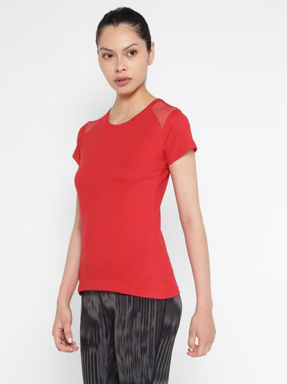 Appulse Women's Short Sleeve Round Neck Shoulder Mesh T-Shirt | Women | Premium Cotton | Activewear | Athleisure