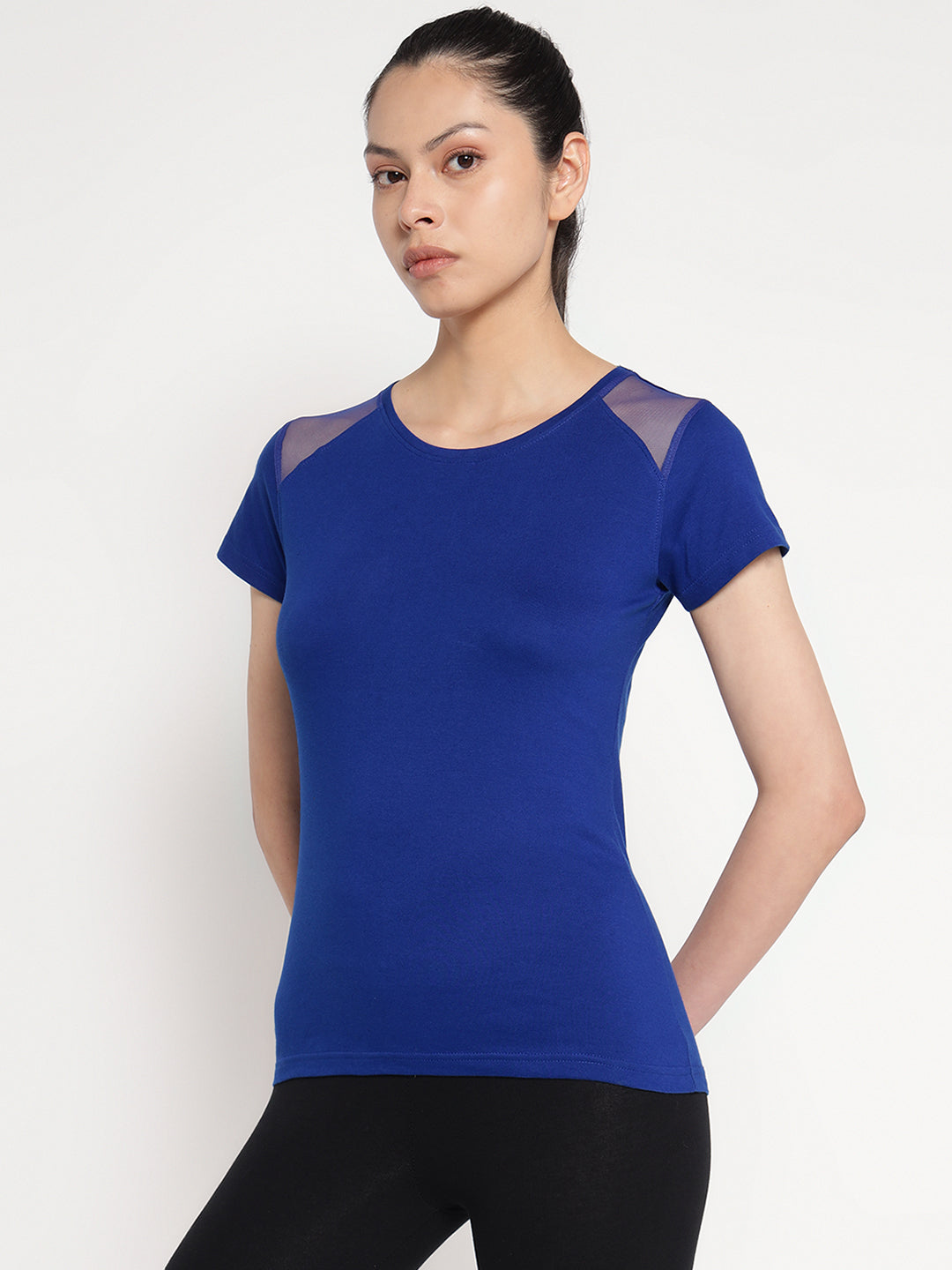 Ap'pulse Women's Short Sleeve Round Neck Shoulder Mesh Tshirt