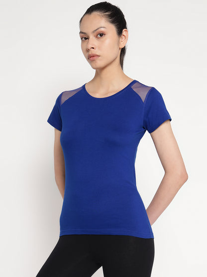 Appulse Women's Short Sleeve Round Neck Shoulder Mesh T-Shirt | Women | Premium Cotton | Activewear | Athleisure