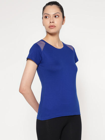 Appulse Women's Short Sleeve Round Neck Shoulder Mesh T-Shirt | Women | Premium Cotton | Activewear | Athleisure
