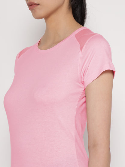 Appulse Women's Short Sleeve Round Neck Shoulder Mesh T-Shirt | Women | Premium Cotton | Activewear | Athleisure