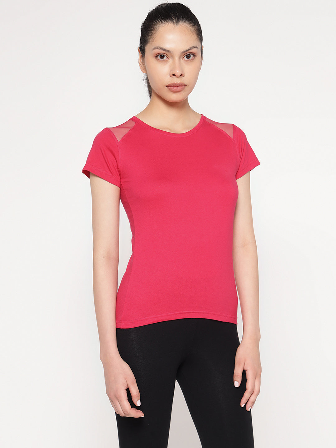 Ap'pulse Women's Short Sleeve Round Neck Shoulder Mesh Tshirt