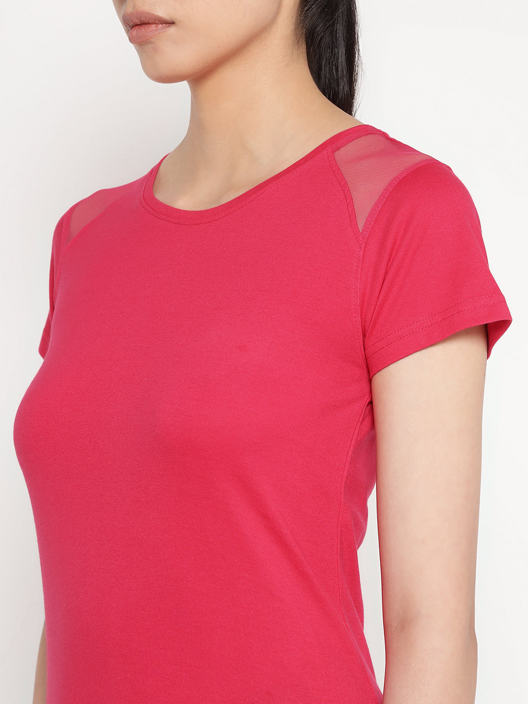 Ap'pulse Women's Short Sleeve Round Neck Shoulder Mesh Tshirt