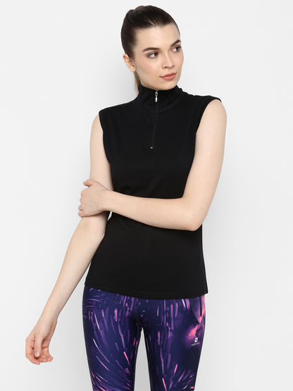 Appulse Women's Sleeveless 1/4 Zip Hi Neck T-Shirt | Women | Premium Cotton | Activewear | Athleisure