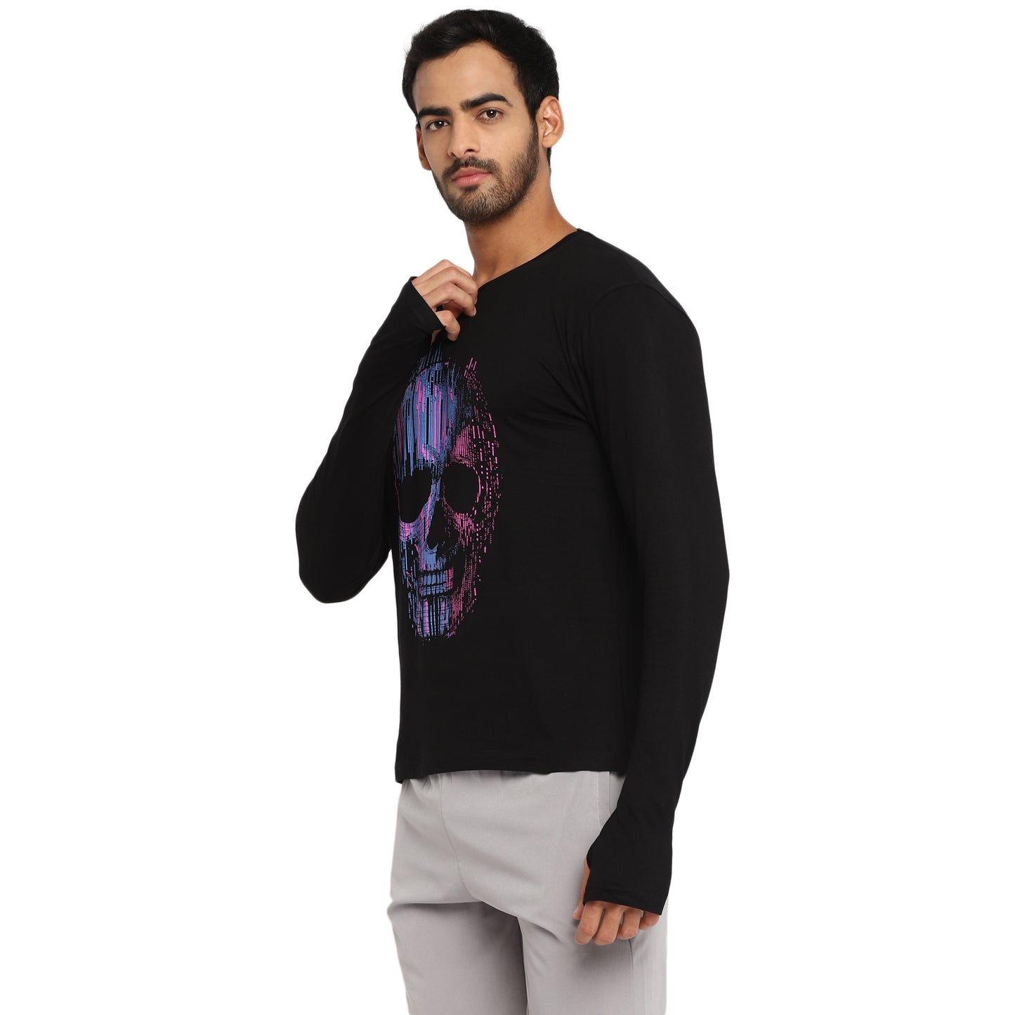 Ap'pulse Men's Printed Long Sleeve Thumbopen Round Neck Tshirt