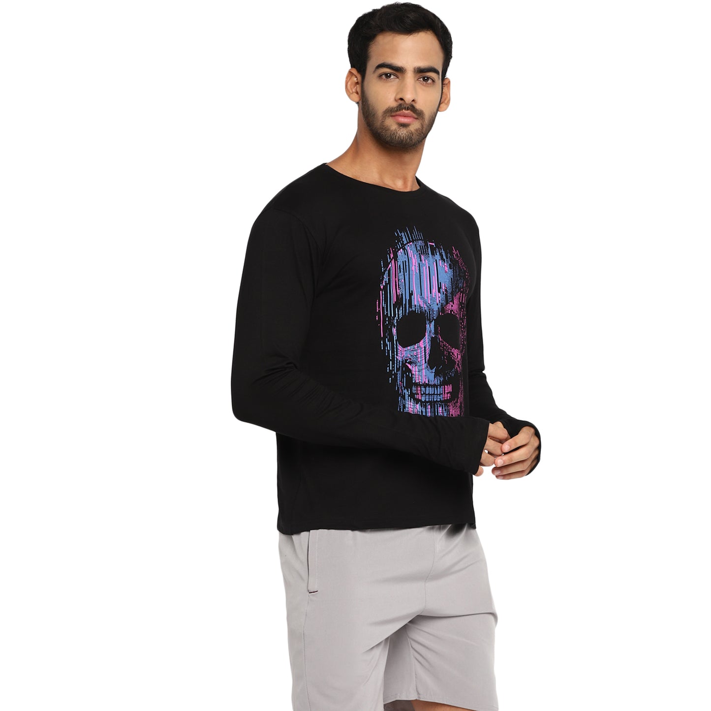 Ap'pulse Men's Printed Long Sleeve Thumbopen Round Neck Tshirt