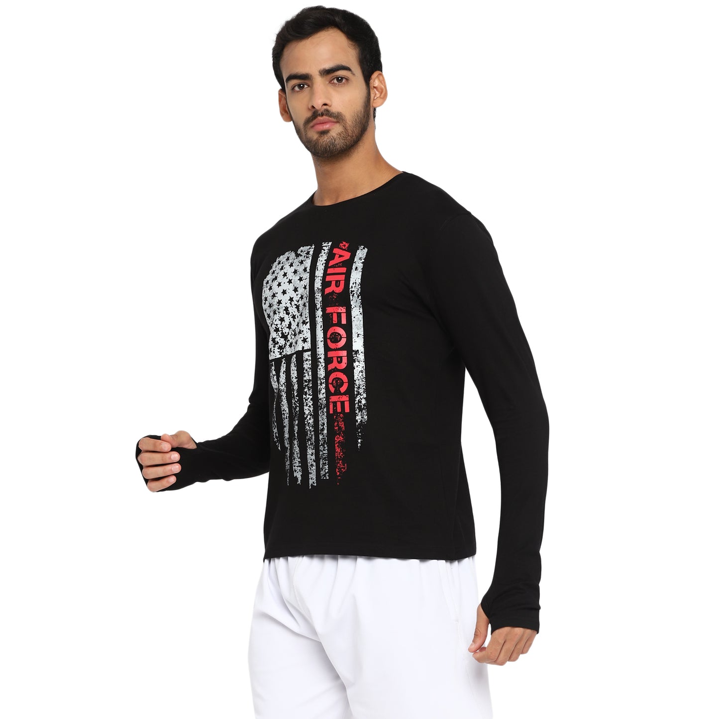 Ap'pulse Men's Printed Long Sleeve Thumbopen Round Neck Tshirt