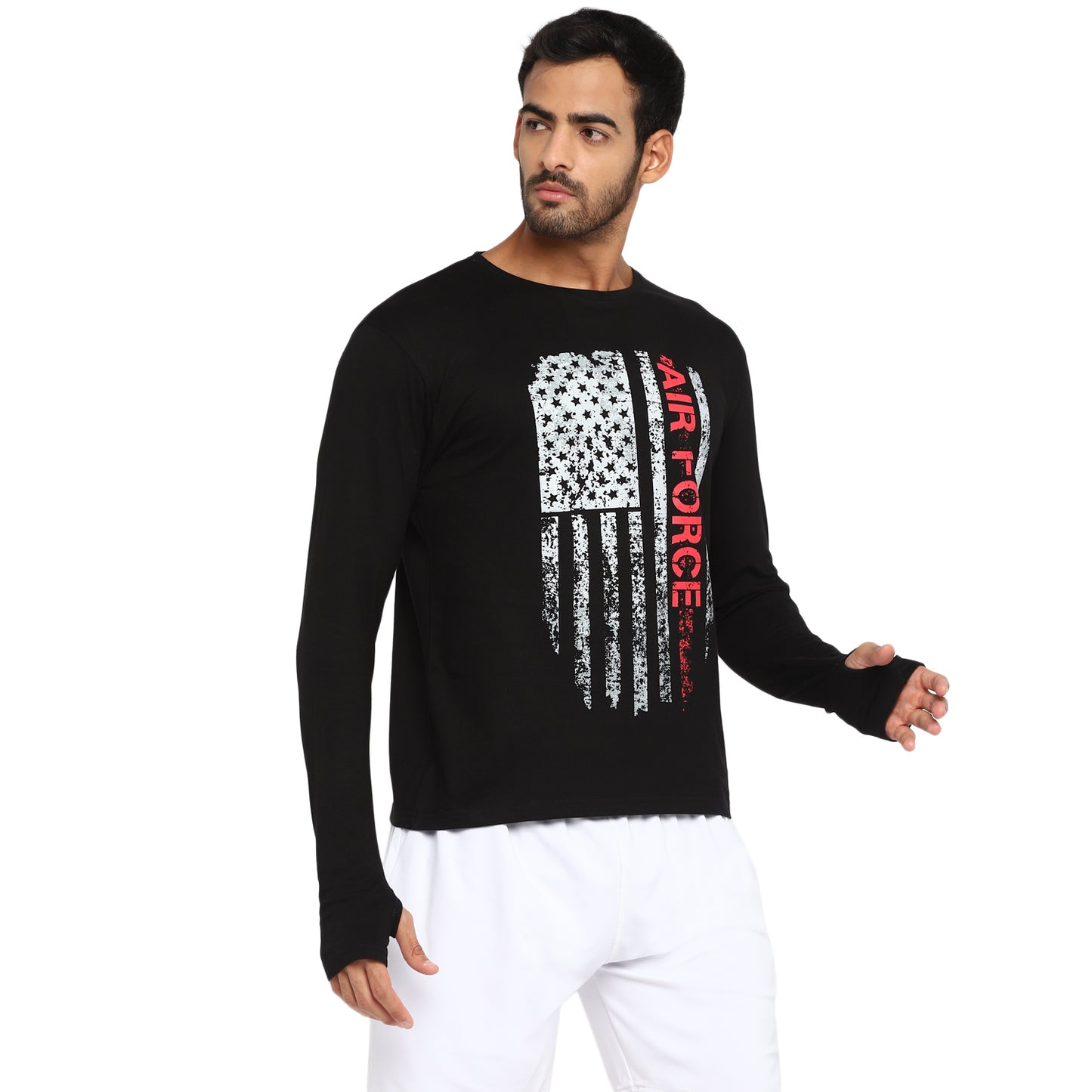 Ap'pulse Men's Printed Long Sleeve Thumbopen Round Neck Tshirt