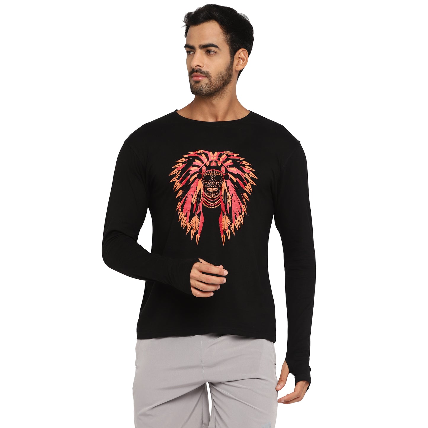 Ap'pulse Men's Printed Long Sleeve Thumbopen Round Neck Tshirt