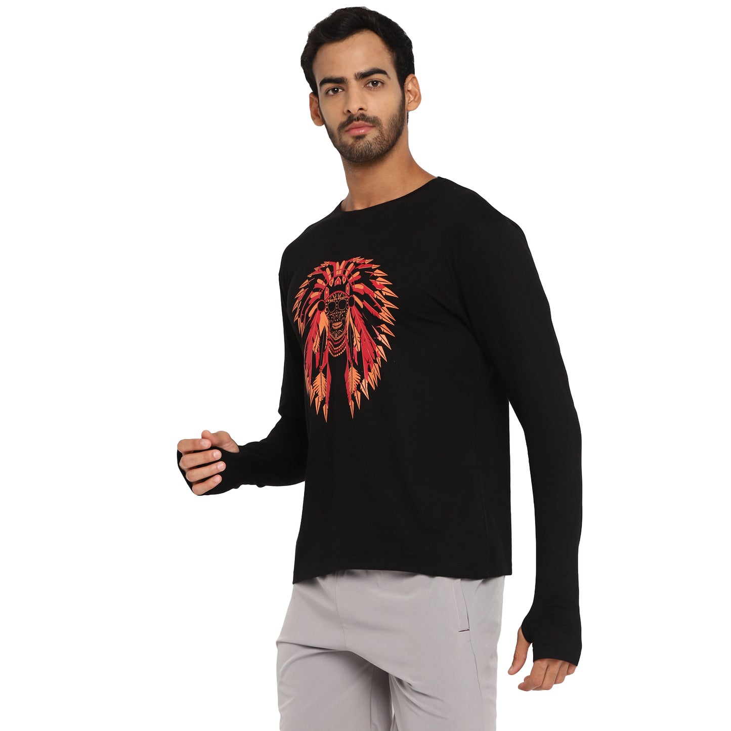 Ap'pulse Men's Printed Long Sleeve Thumbopen Round Neck Tshirt