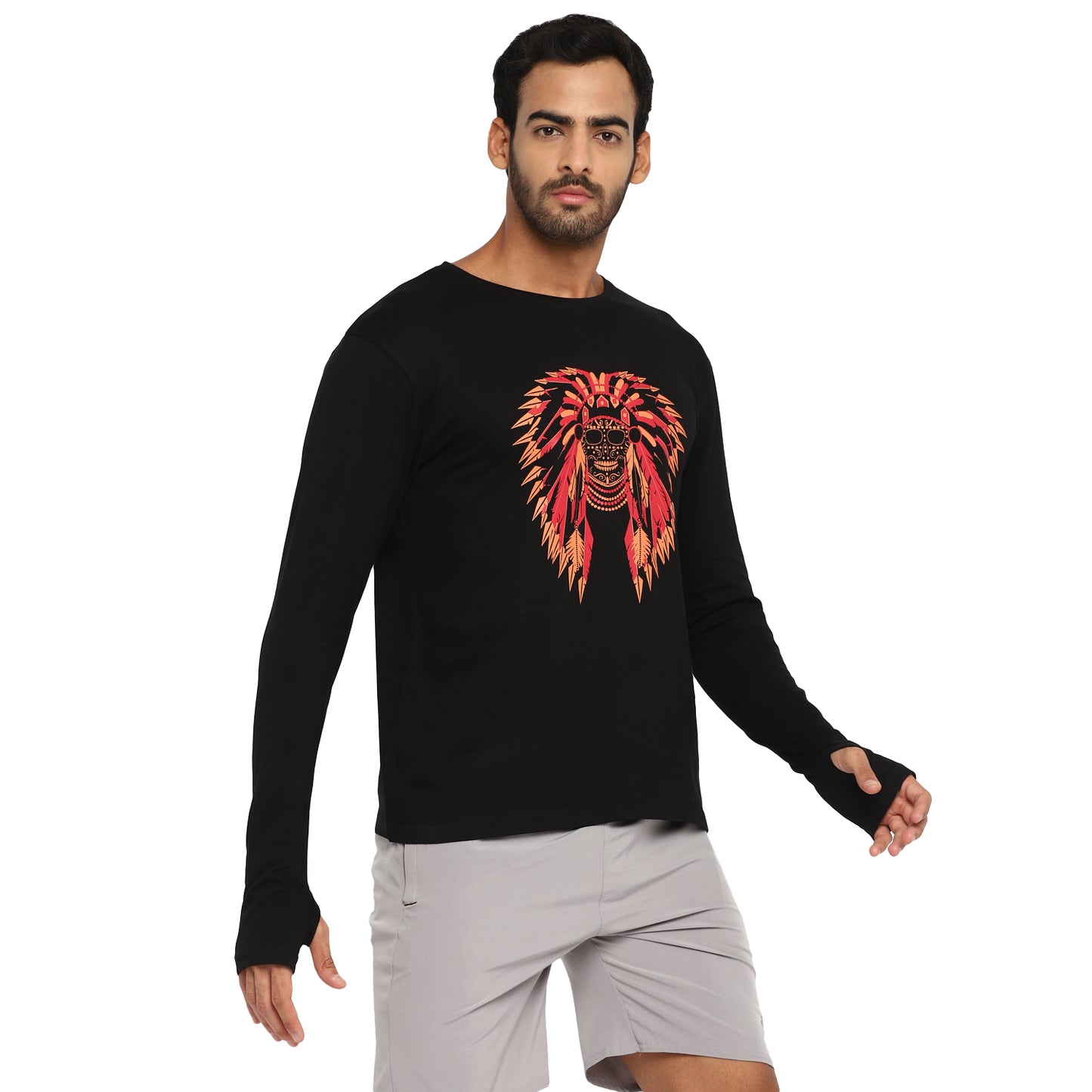 Ap'pulse Men's Printed Long Sleeve Thumbopen Round Neck Tshirt