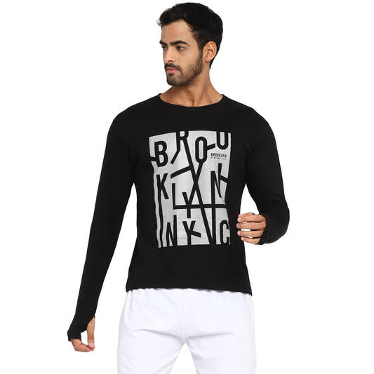 Ap'pulse Men's Printed Long Sleeve Thumbopen Round Neck Tshirt