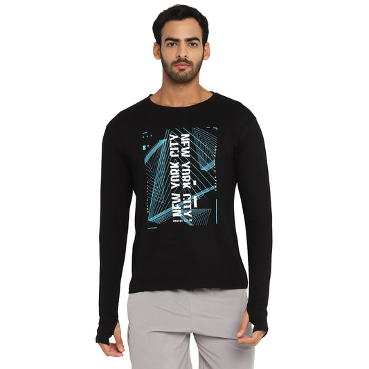 Ap'pulse Men's Printed Long Sleeve Thumbopen Round Neck Tshirt