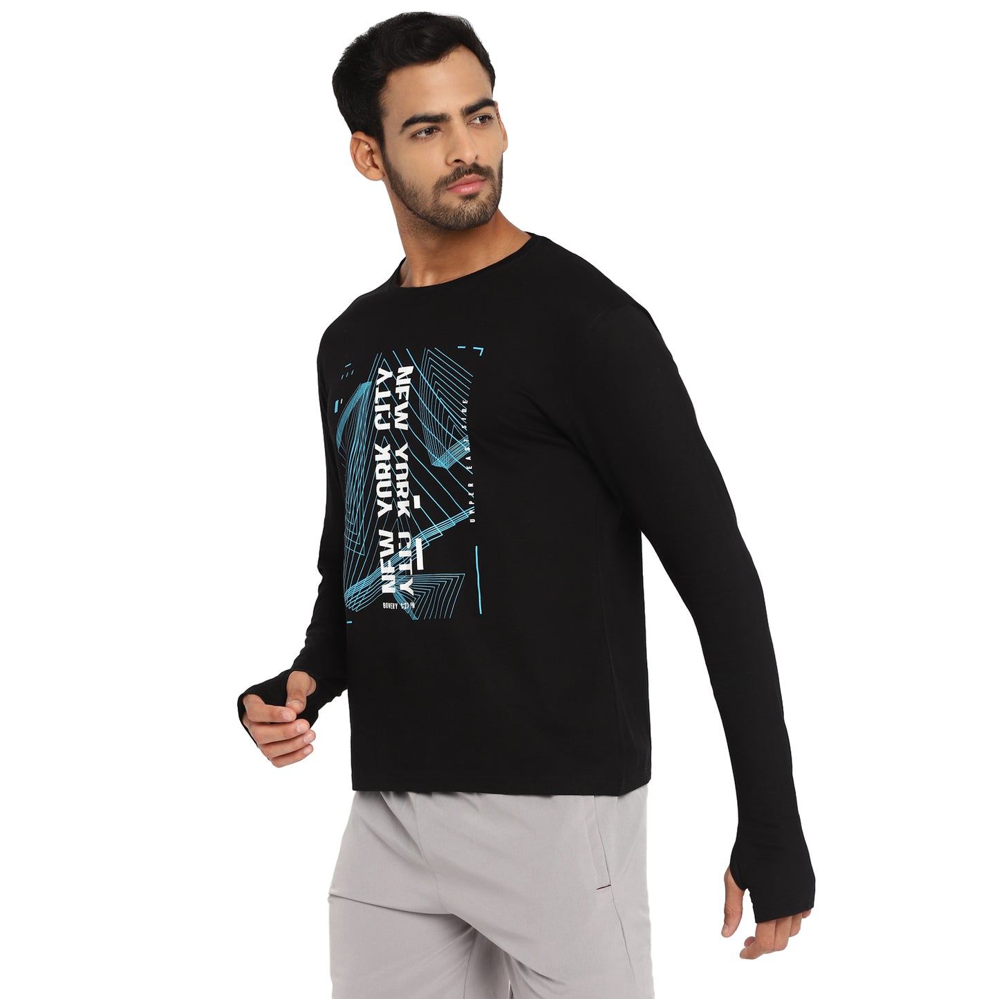 Ap'pulse Men's Printed Long Sleeve Thumbopen Round Neck Tshirt