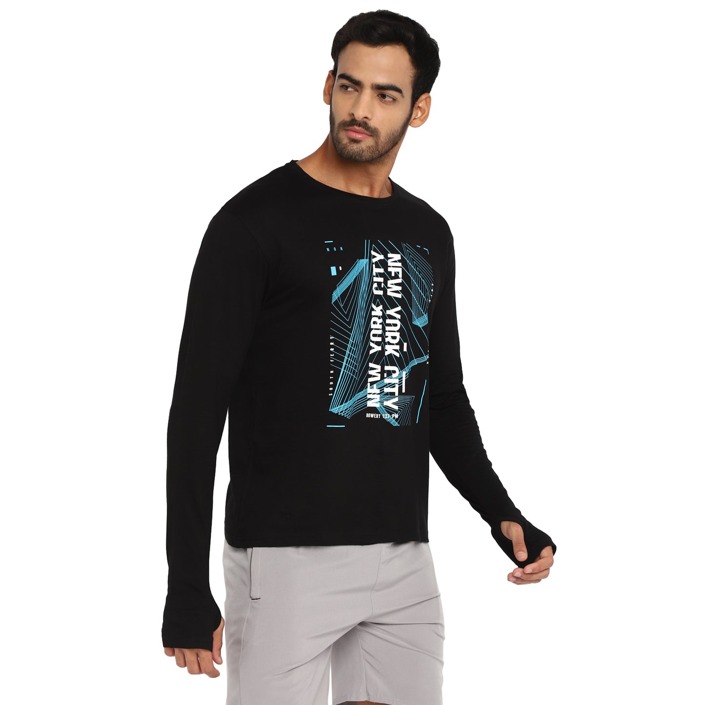 Ap'pulse Men's Printed Long Sleeve Thumbopen Round Neck Tshirt