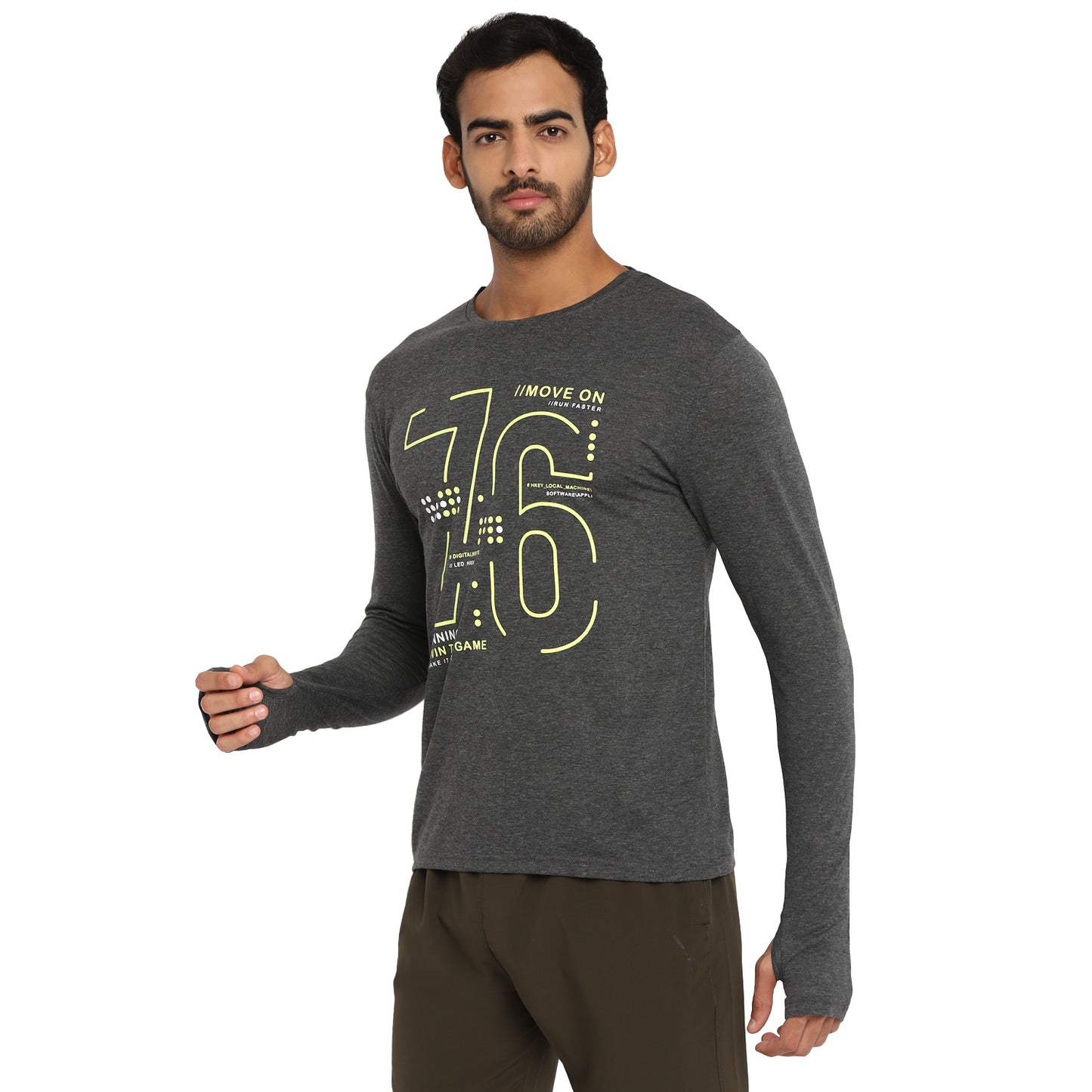 Ap'pulse Men's Printed Long Sleeve Thumbopen Round Neck Tshirt