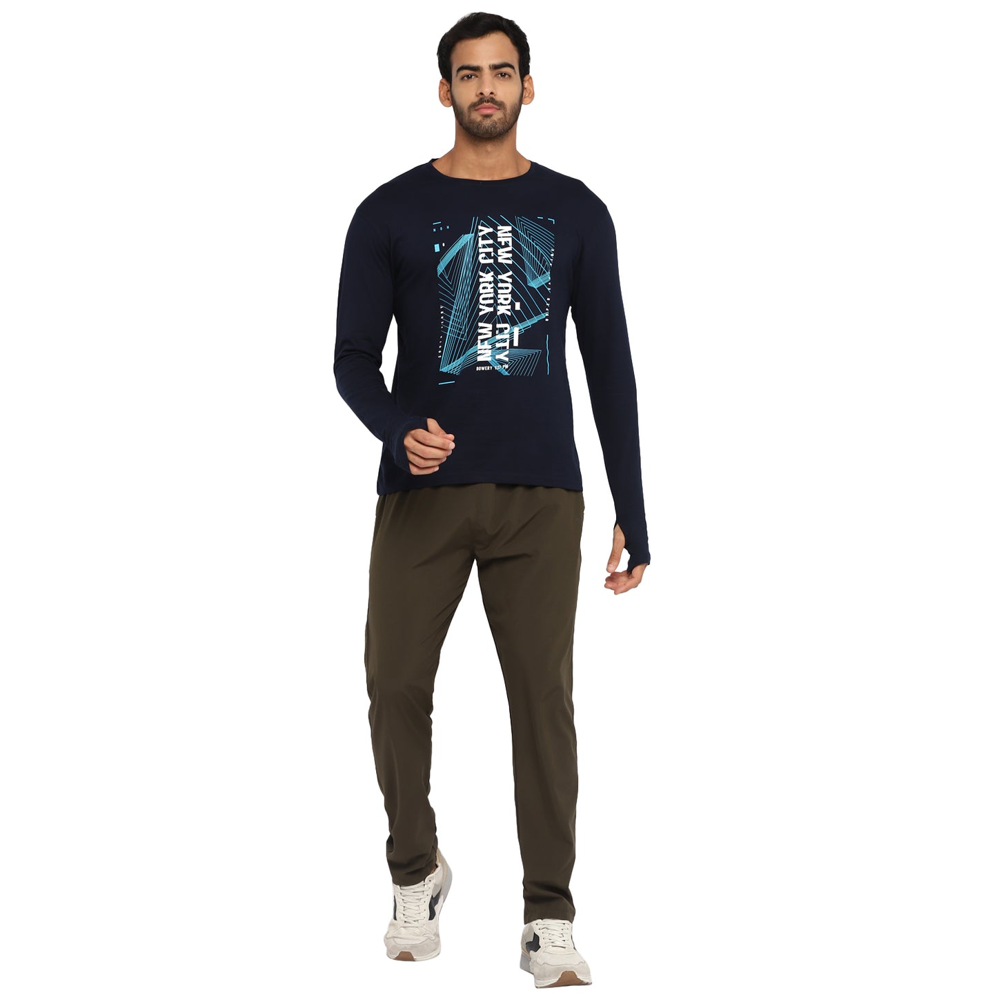 Ap'pulse Men's Printed Long Sleeve Thumbopen Round Neck Tshirt