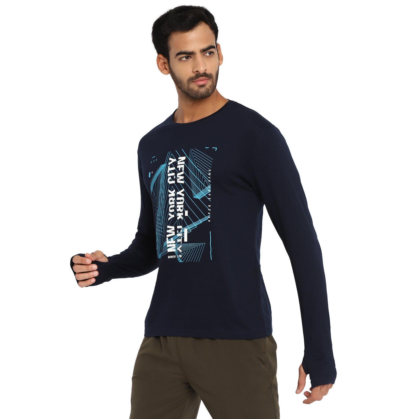 Ap'pulse Men's Printed Long Sleeve Thumbopen Round Neck Tshirt