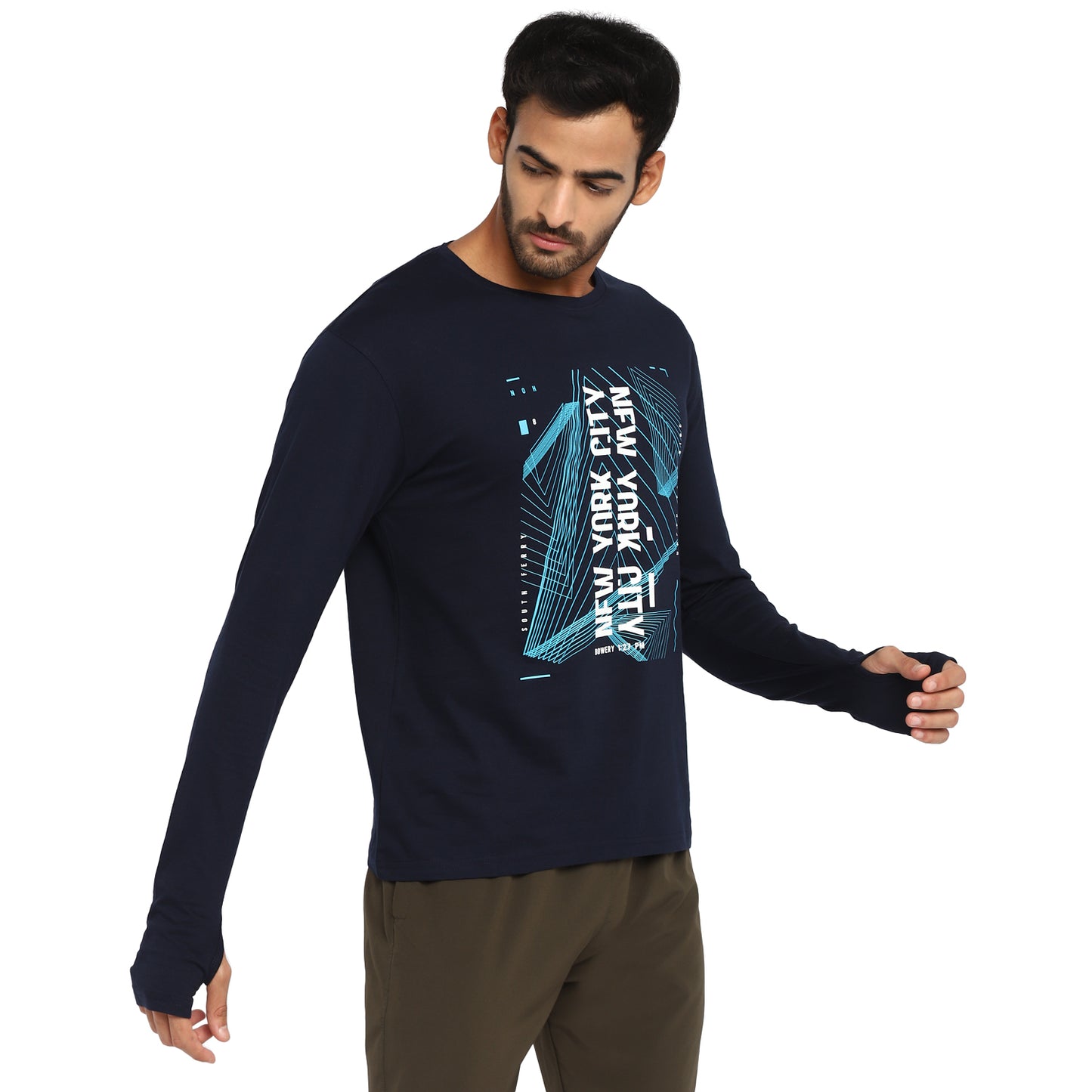 Ap'pulse Men's Printed Long Sleeve Thumbopen Round Neck Tshirt