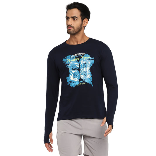 Ap'pulse Men's Printed Long Sleeve Thumbopen Round Neck Tshirt