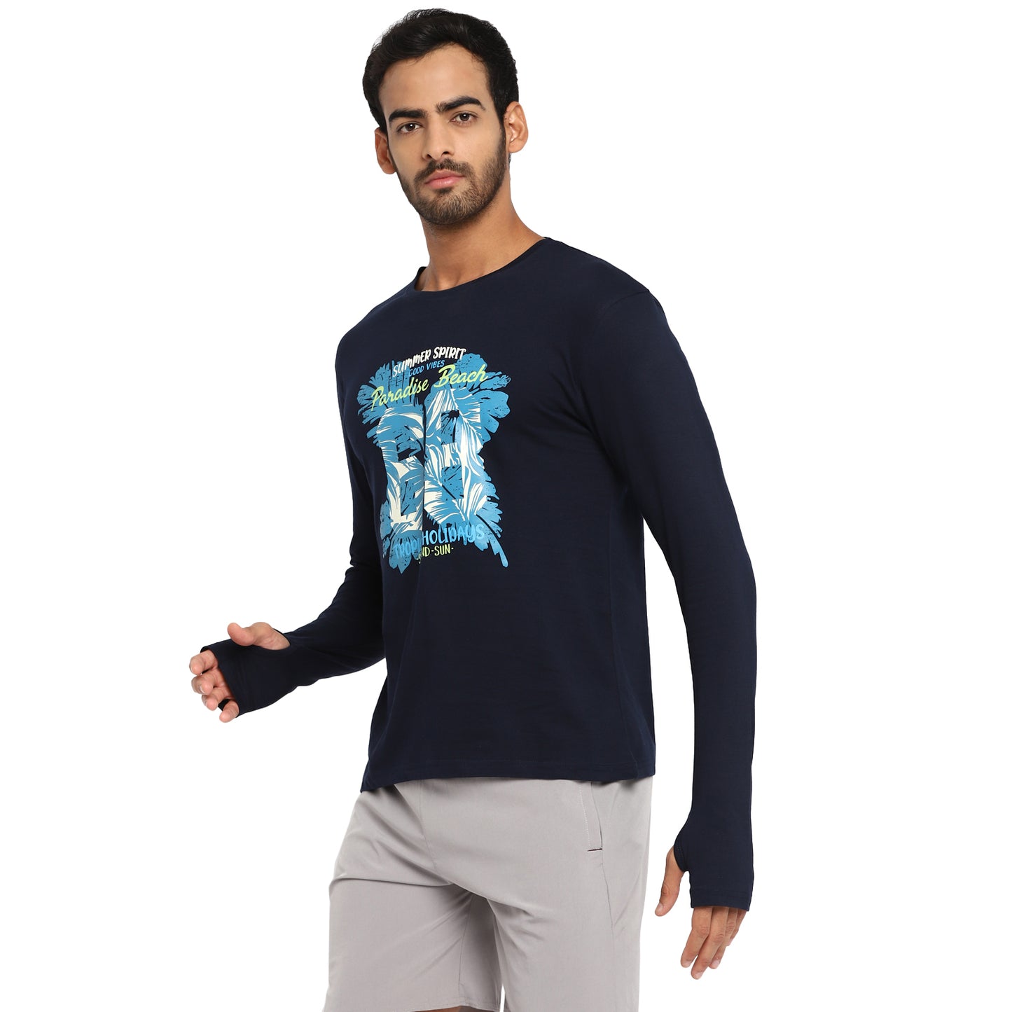 Ap'pulse Men's Printed Long Sleeve Thumbopen Round Neck Tshirt