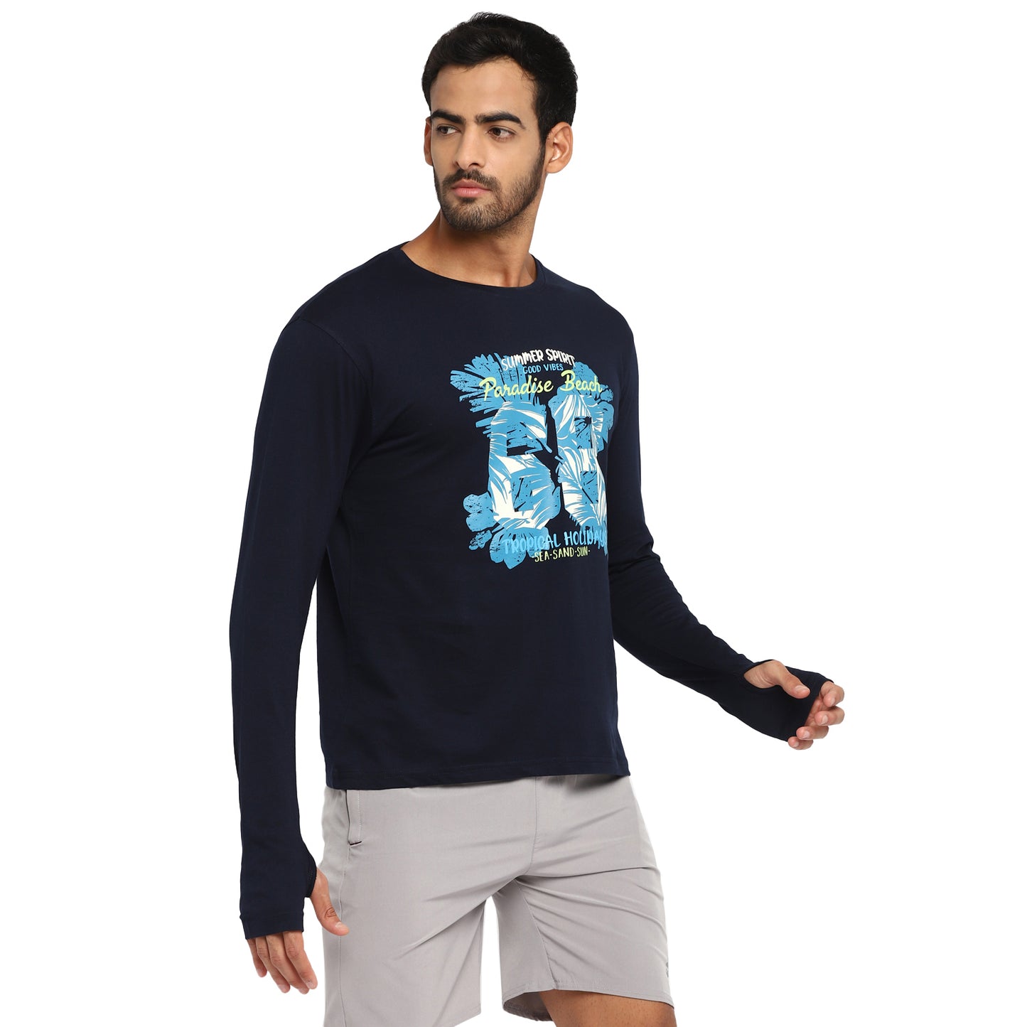 Ap'pulse Men's Printed Long Sleeve Thumbopen Round Neck Tshirt