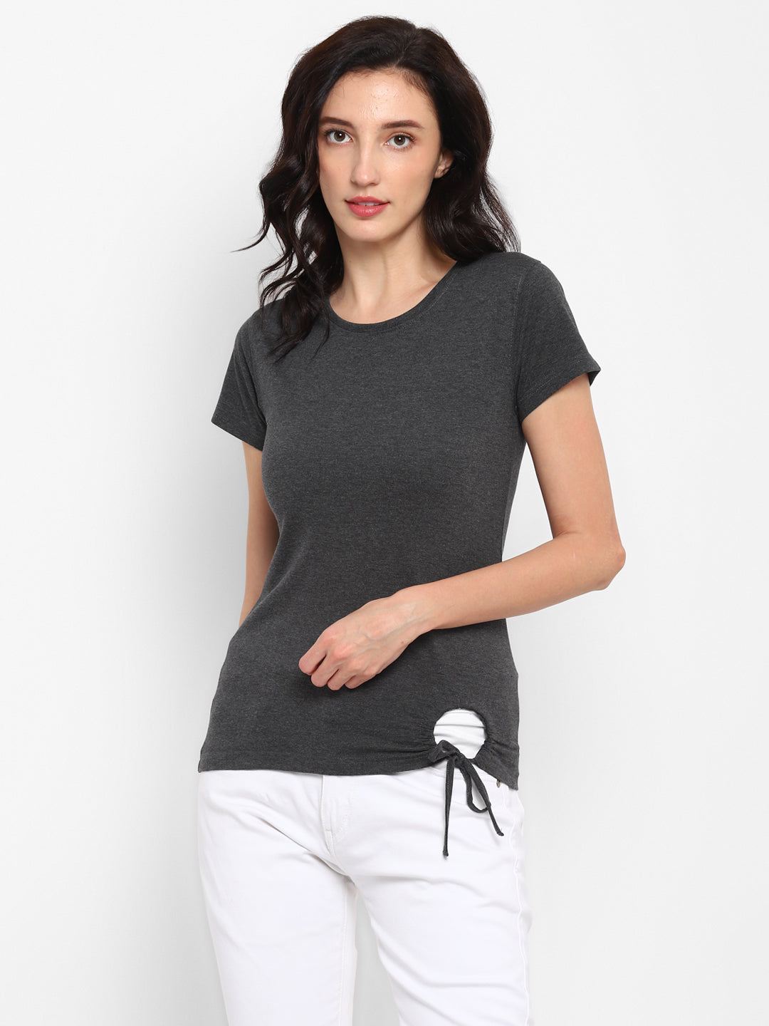 Ap'pulse Women's Round Neck Tshirt with Bottom Knot