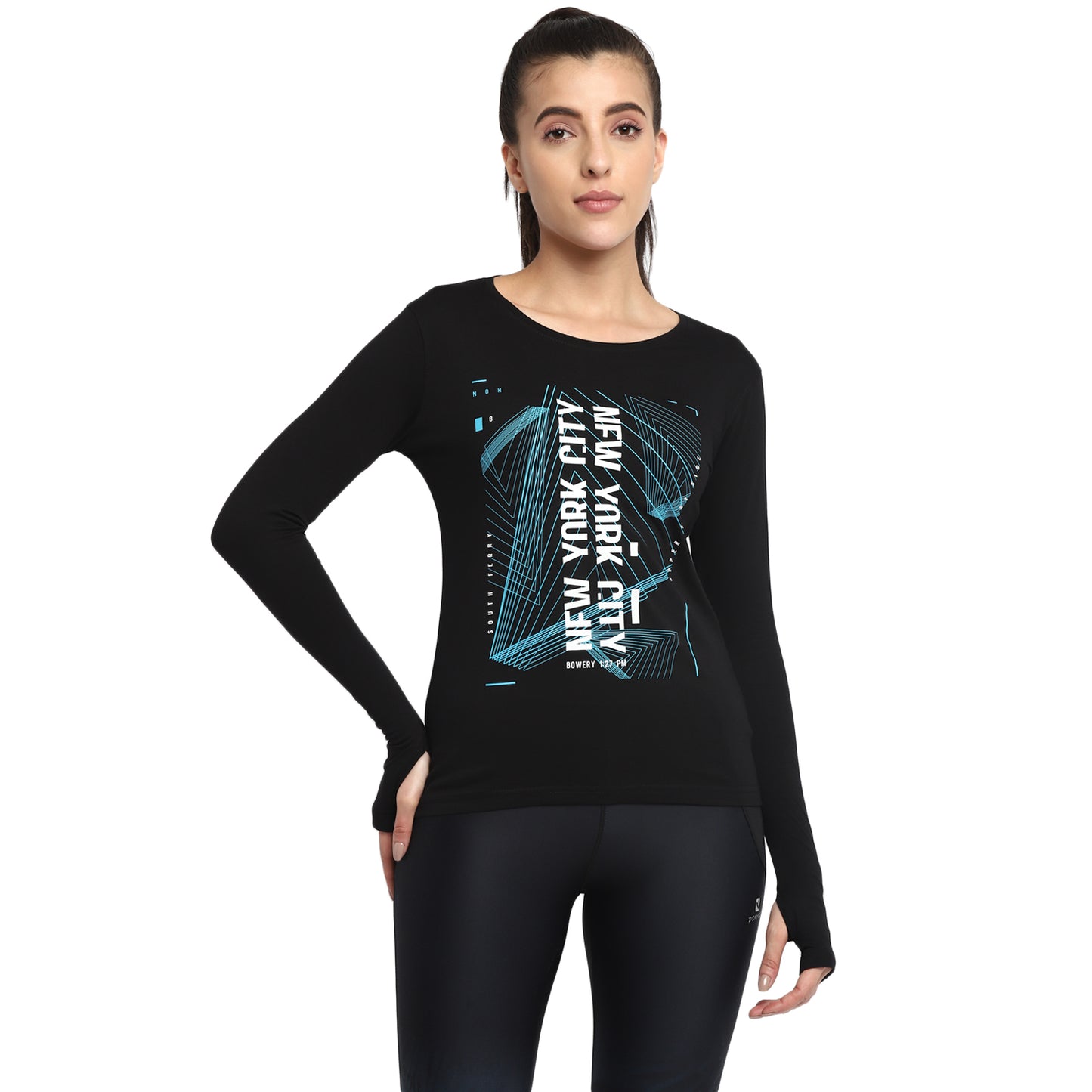 Ap'pulse Women's Printed Long Sleeve Thumbopen Round Neck Tshirt